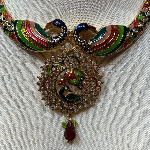 Indian/Bollywood Enamel Faux Zirconia Large Peacock Adjustable Length Necklace - Picture 2 of 7